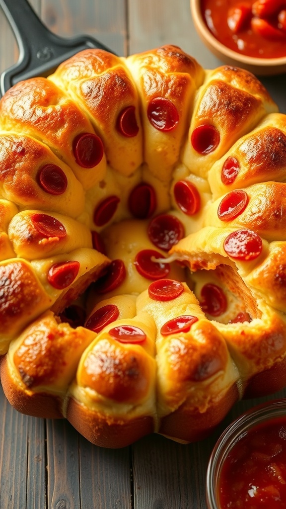 Golden-brown monkey bread pizza dough with cheese and pepperoni, served with marinara sauce on a rustic table.